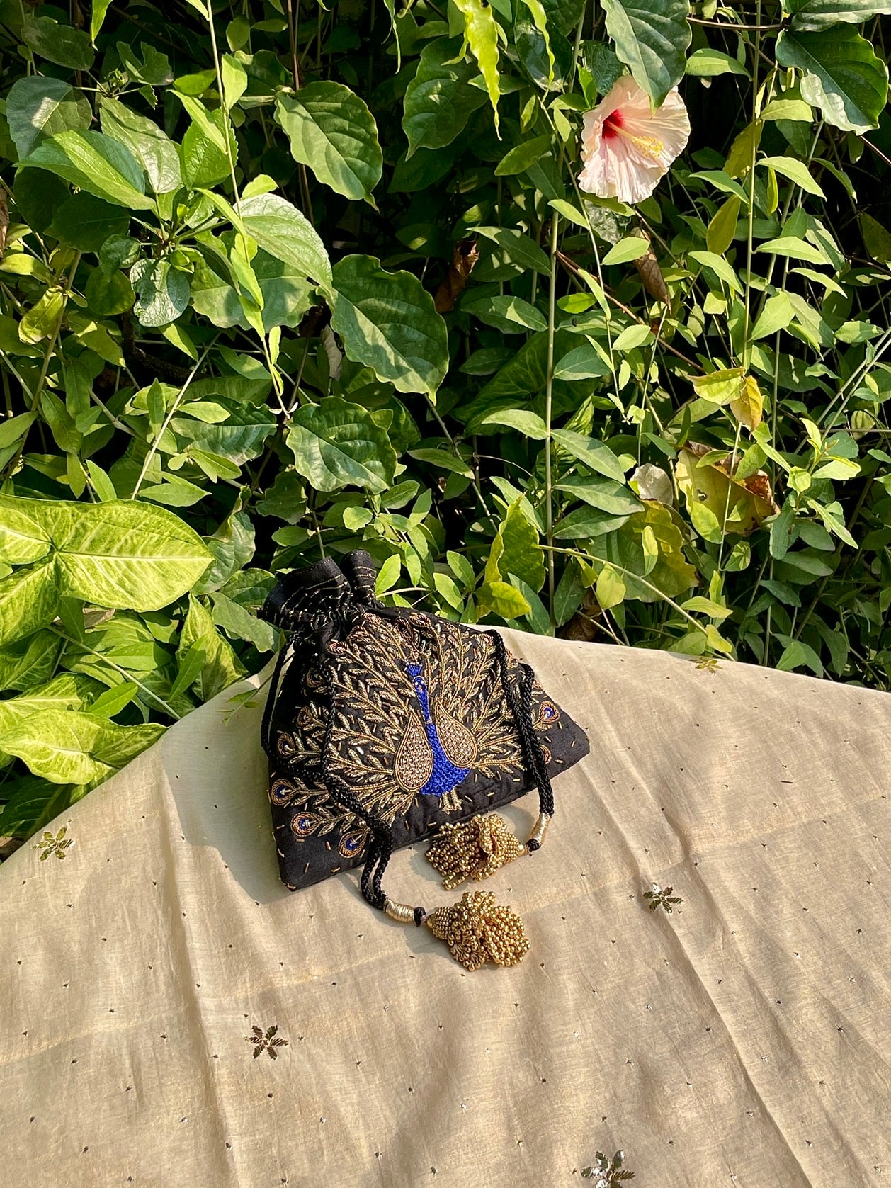 Black & Blue Peacock Motifs Raw Silk Zardosi Polti Bags