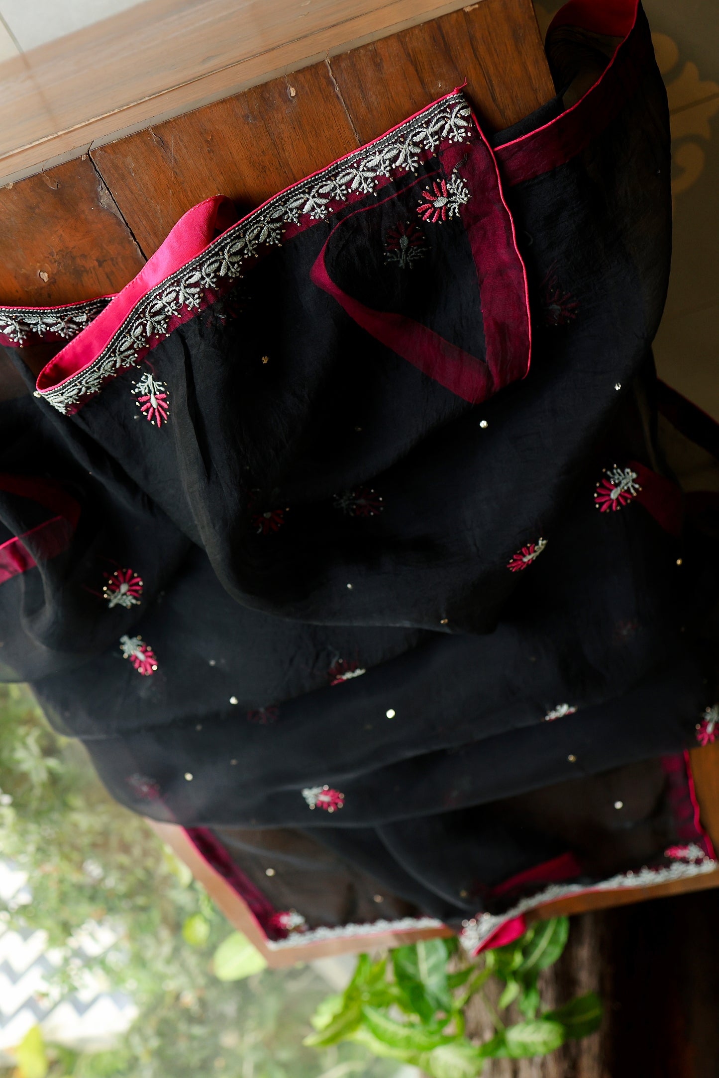 Black & Pink Noor Organza Silk Chikankari With Kamdani Fabric