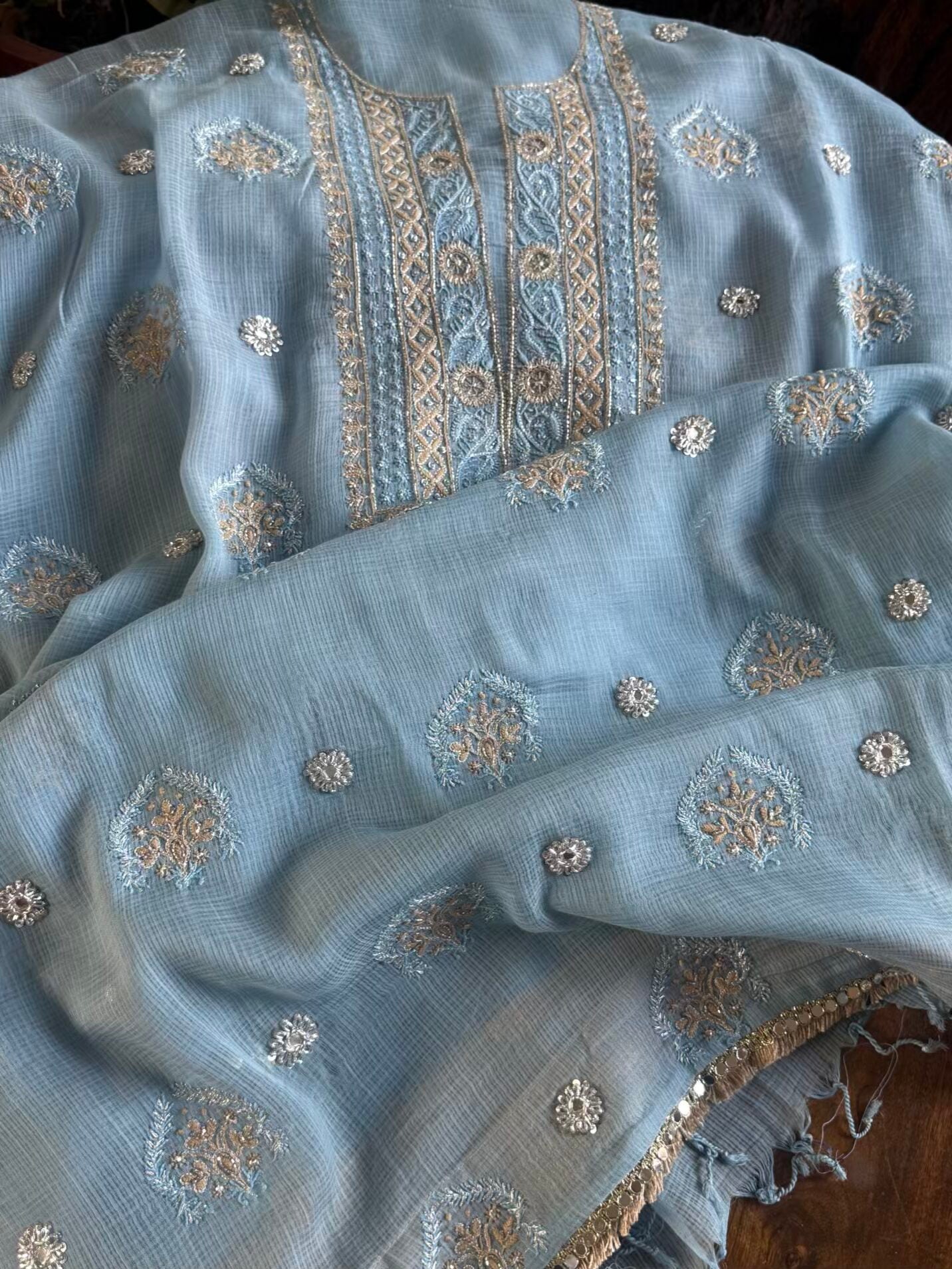 Blue Handloom Kota Chikankari With Mirror Work Unstitched Kurta Dupatta Set