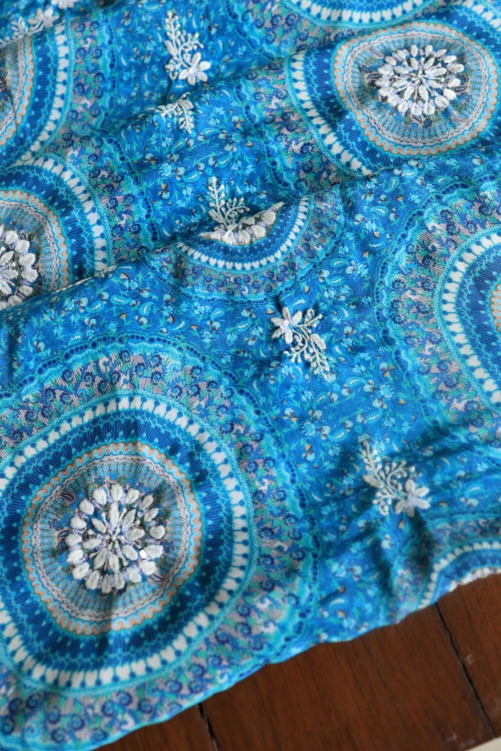 Blue Multi Muslin Chikankari Kurta Fabric