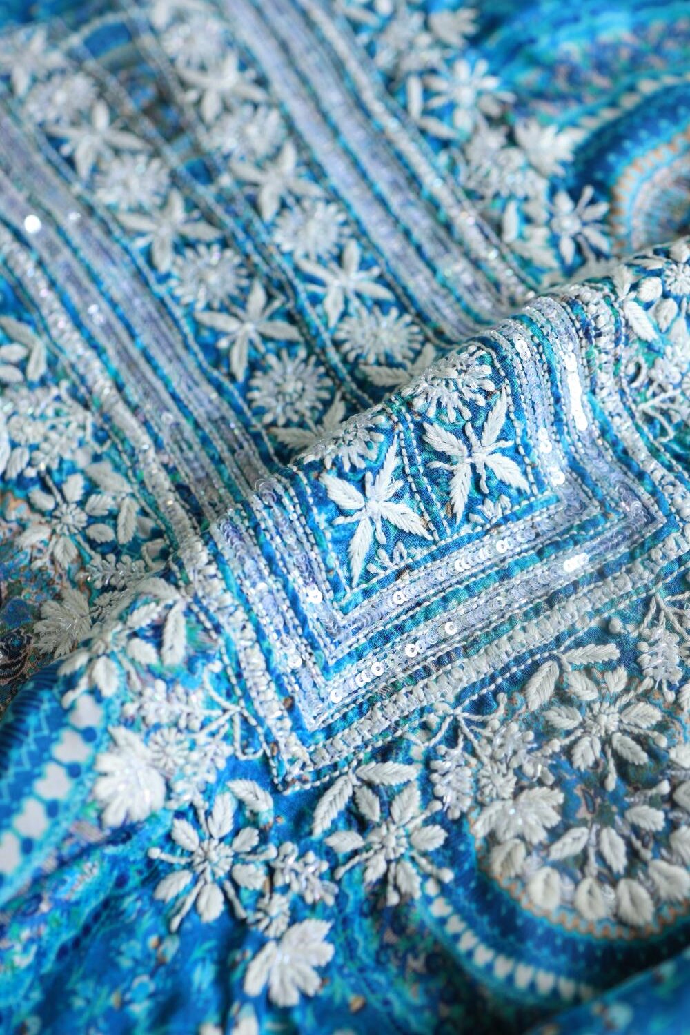 Blue Multi Muslin Chikankari Kurta Fabric