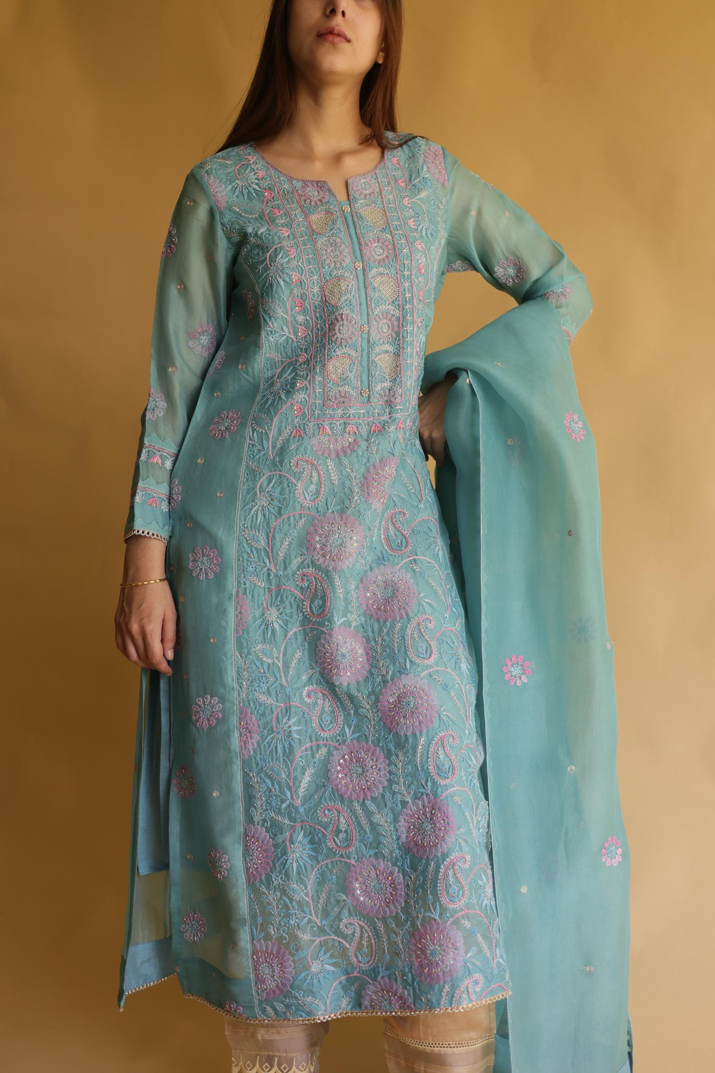 Blue Noor Organza Silk Chikankari Straight Cut Kurta Dupatta Set