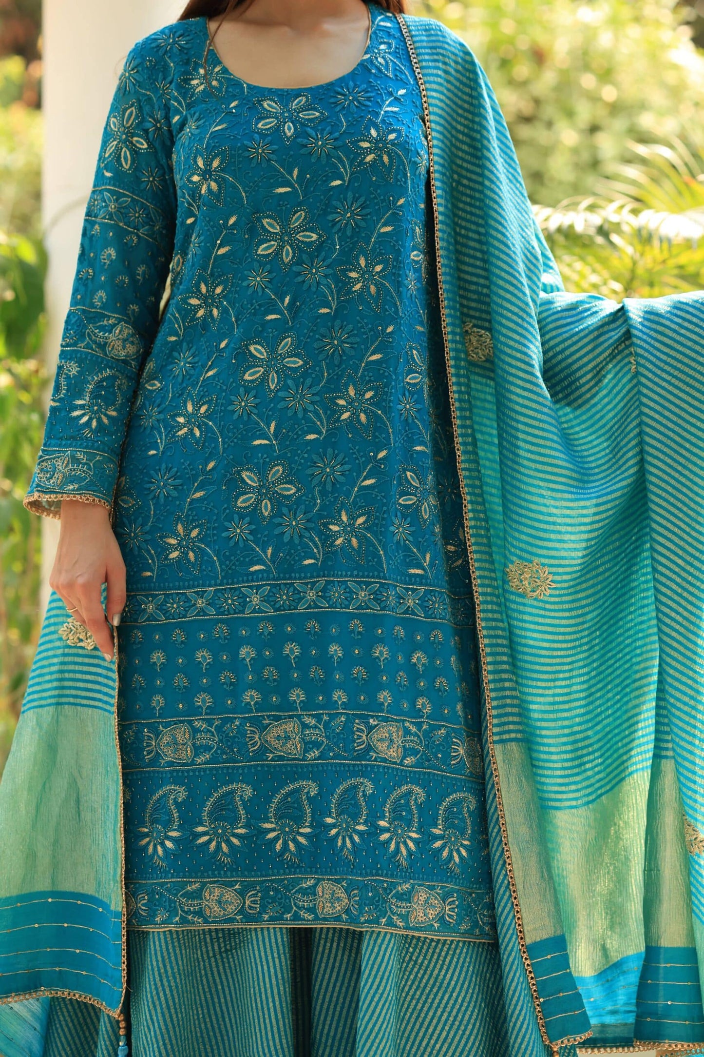 Blue Pure Georgette Chikankari Ari Work Sharara Set