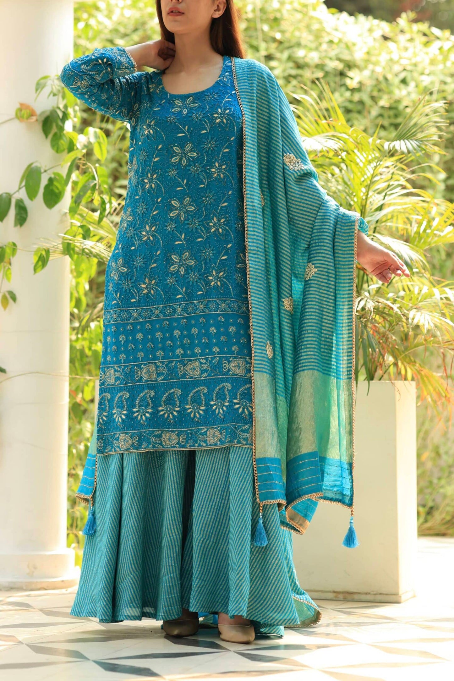 Blue Pure Georgette Chikankari Ari Work Sharara Set