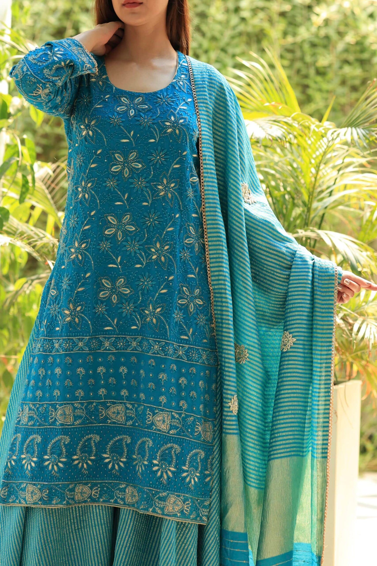 Blue Pure Georgette Chikankari Ari Work Sharara Set