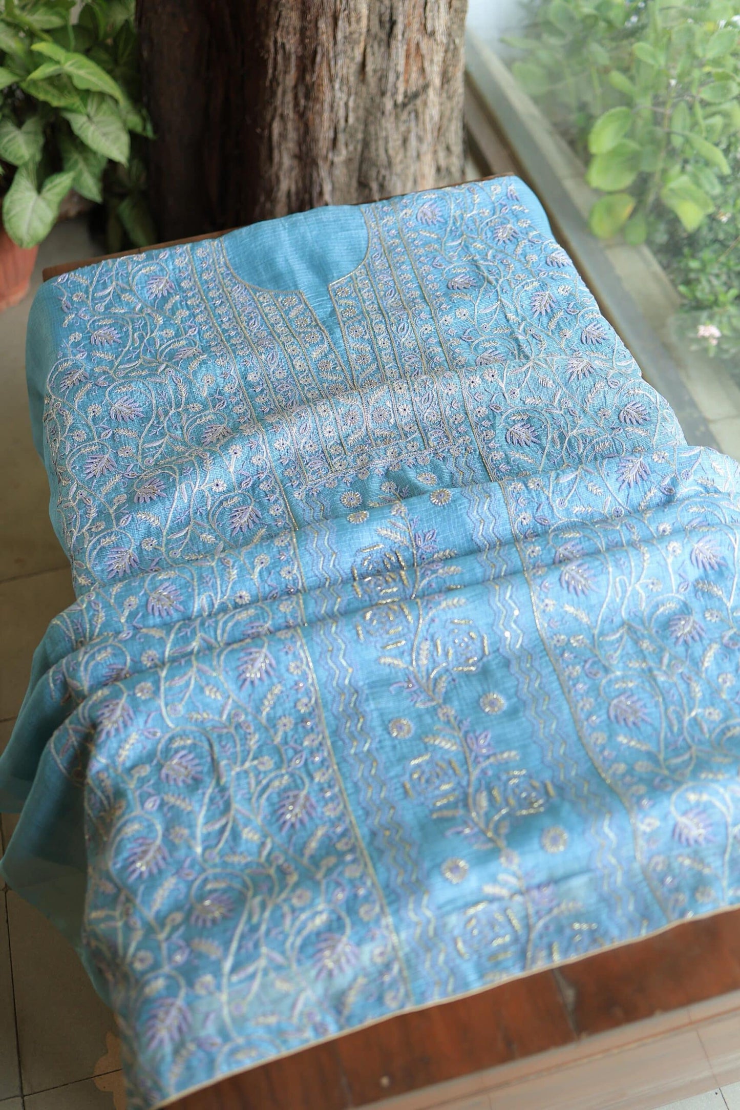 Blue Rasm Kota Tussar Chikankari Unstitched Chikankari Fabrics