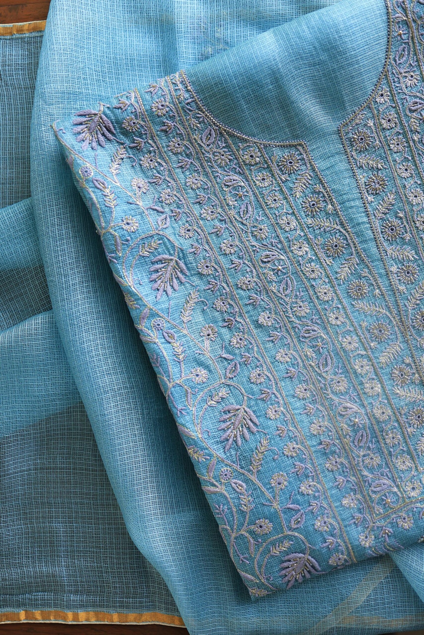 Blue Rasm Kota Tussar Chikankari Unstitched Chikankari Fabrics