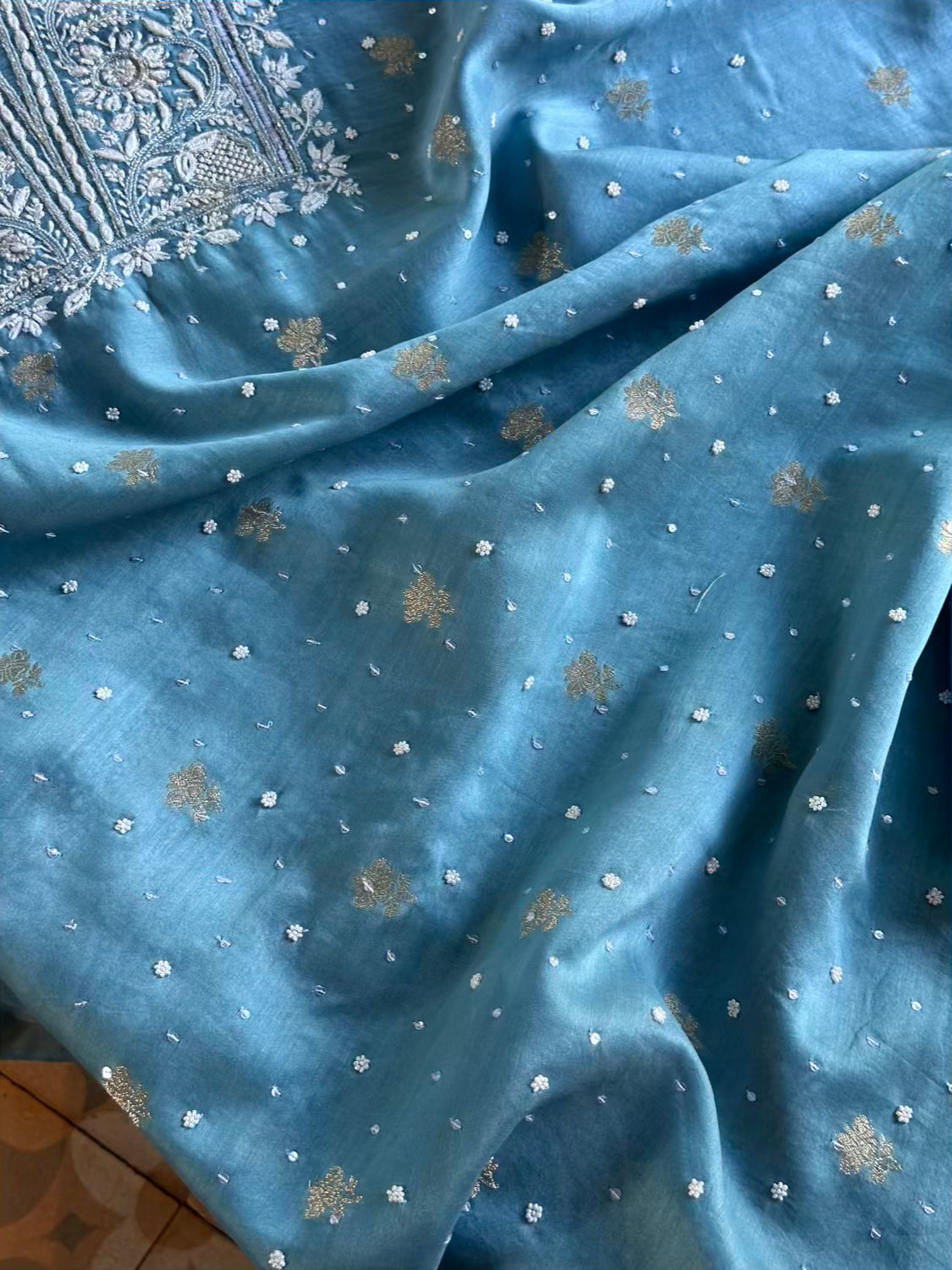 Blue Banarasi Zari Chanderi Chikankari Unstitched Kurta Dupatta Fabric Set