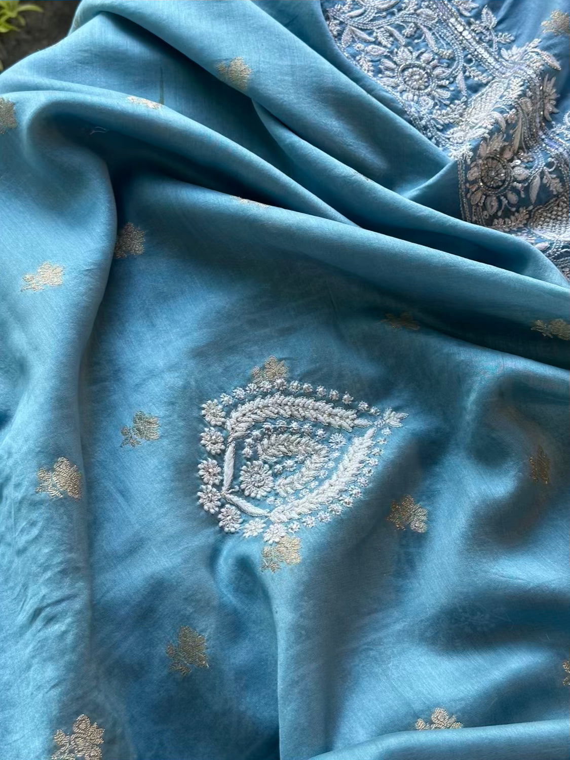 Blue Banarasi Zari Chanderi Chikankari Unstitched Kurta Dupatta Fabric Set