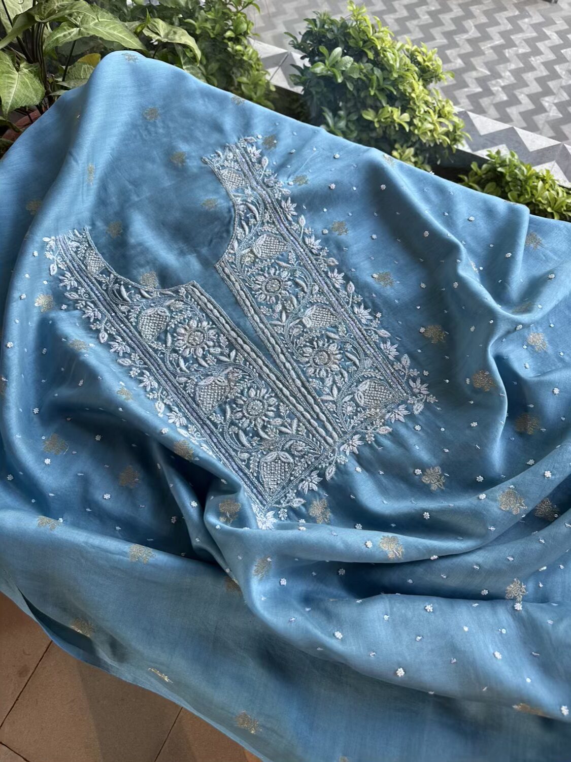 Blue Banarasi Zari Chanderi Chikankari Unstitched Kurta Dupatta Fabric Set