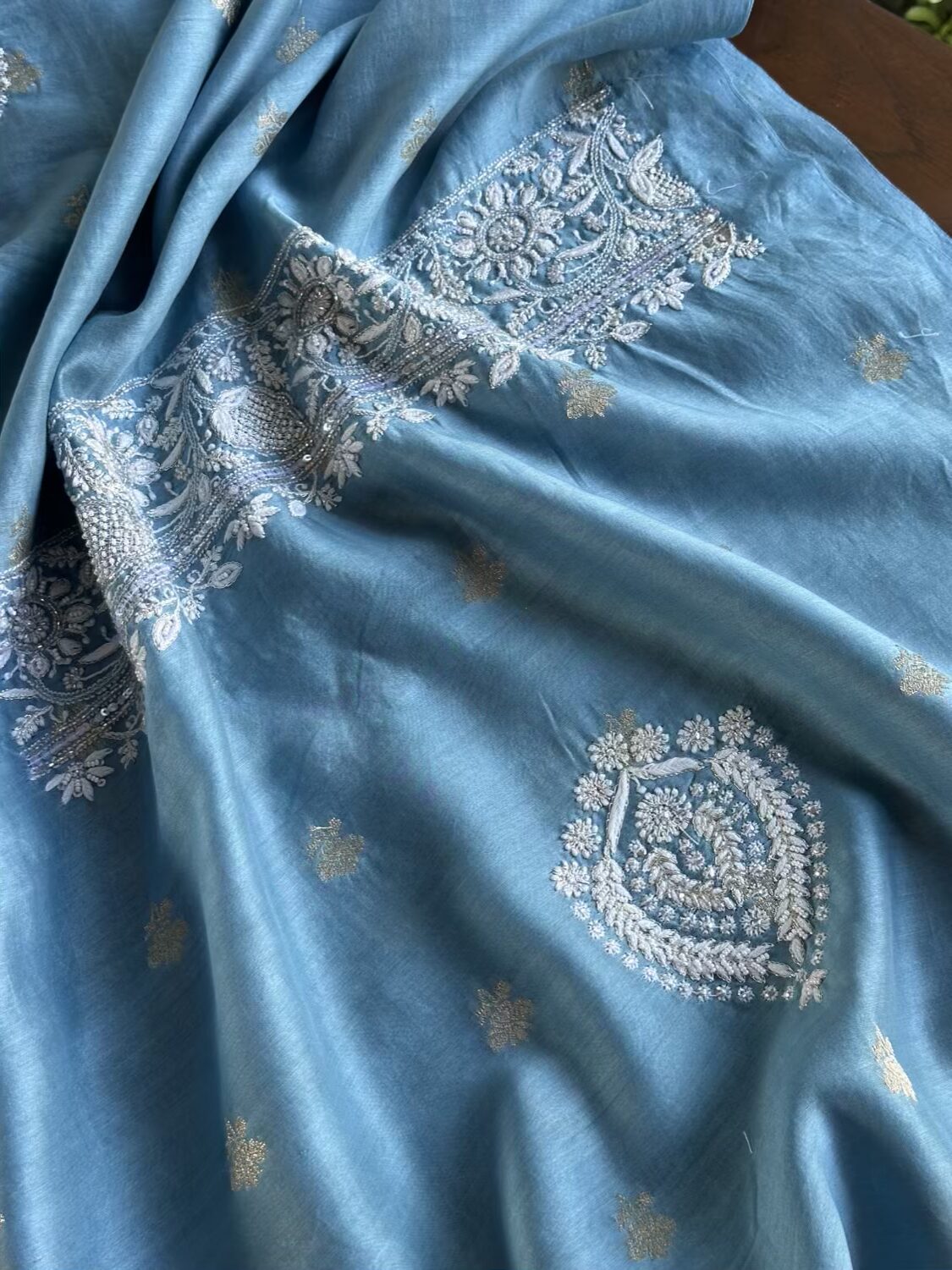 Blue Banarasi Zari Chanderi Chikankari Unstitched Kurta Dupatta Fabric Set