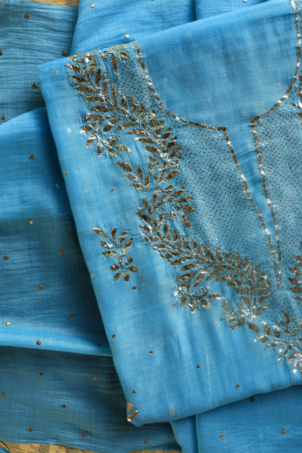 Blue Chanderi Silk Mukaish Badla Unstitched Fabrics