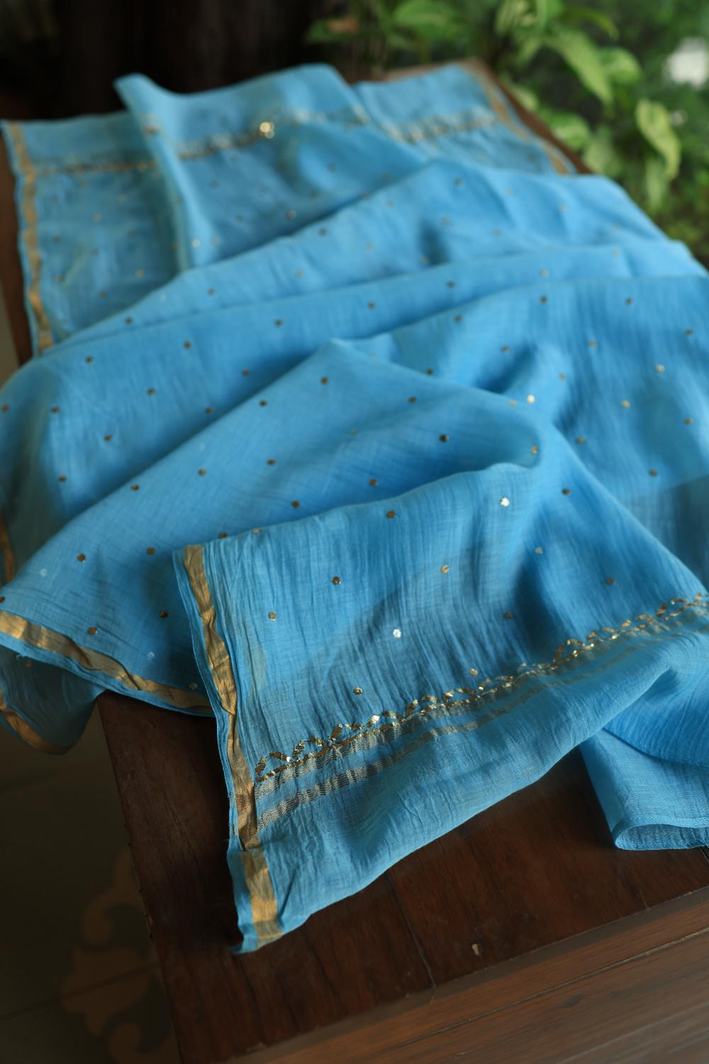 Blue Chanderi Silk Mukaish Badla Unstitched Fabrics