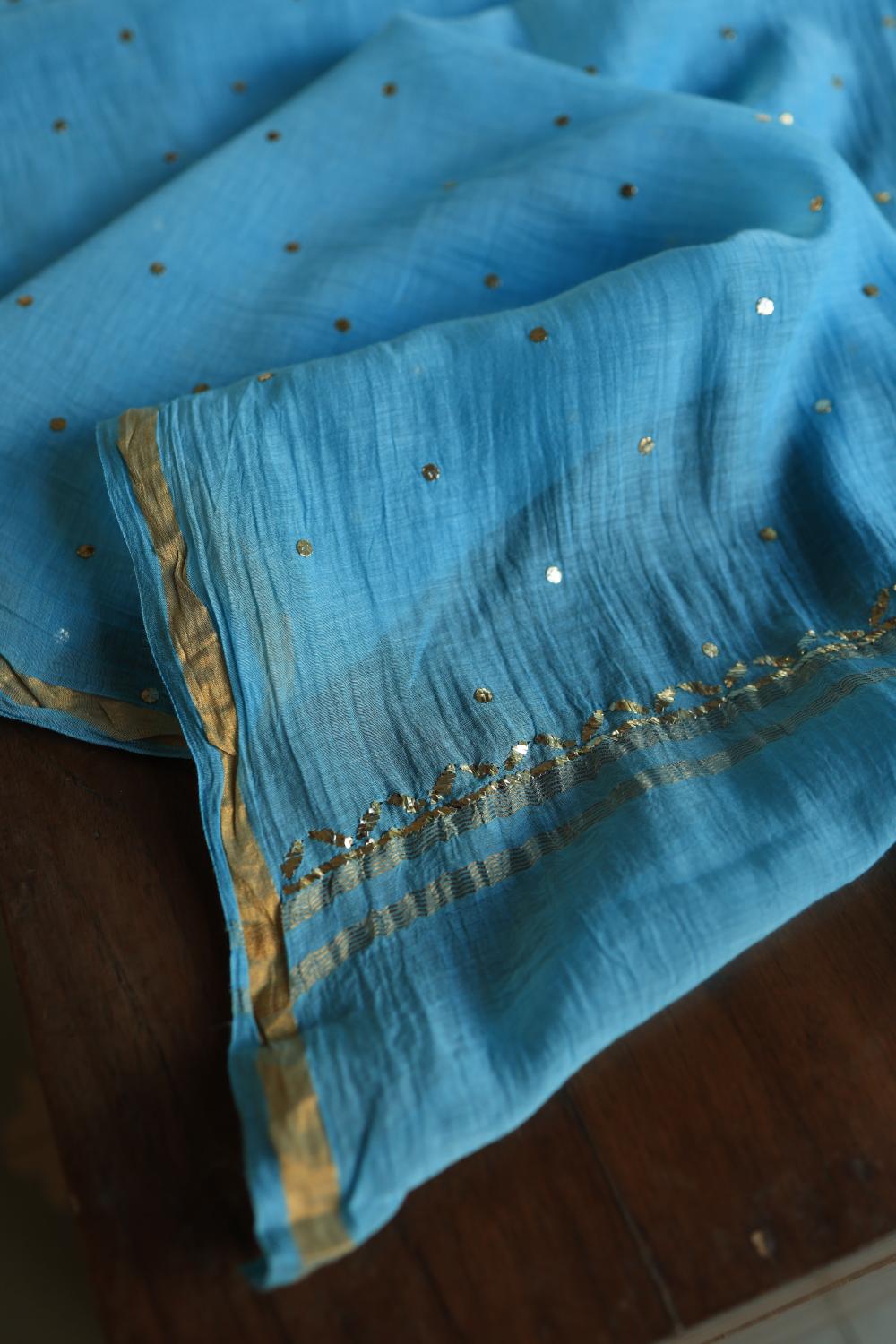 Blue Chanderi Silk Mukaish Badla Unstitched Fabrics