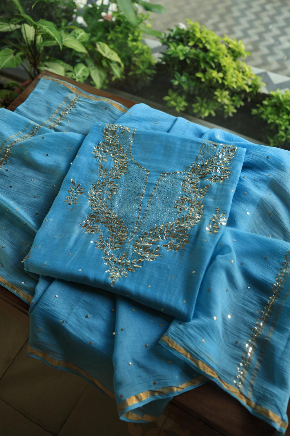 Blue Chanderi Silk Mukaish Badla Unstitched Fabrics