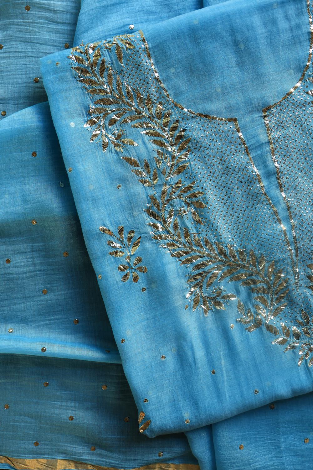 Blue Chanderi Silk Mukaish Badla Unstitched Fabrics