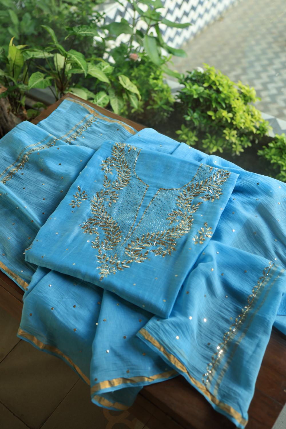 Blue Chanderi Silk Mukaish Badla Unstitched Fabrics