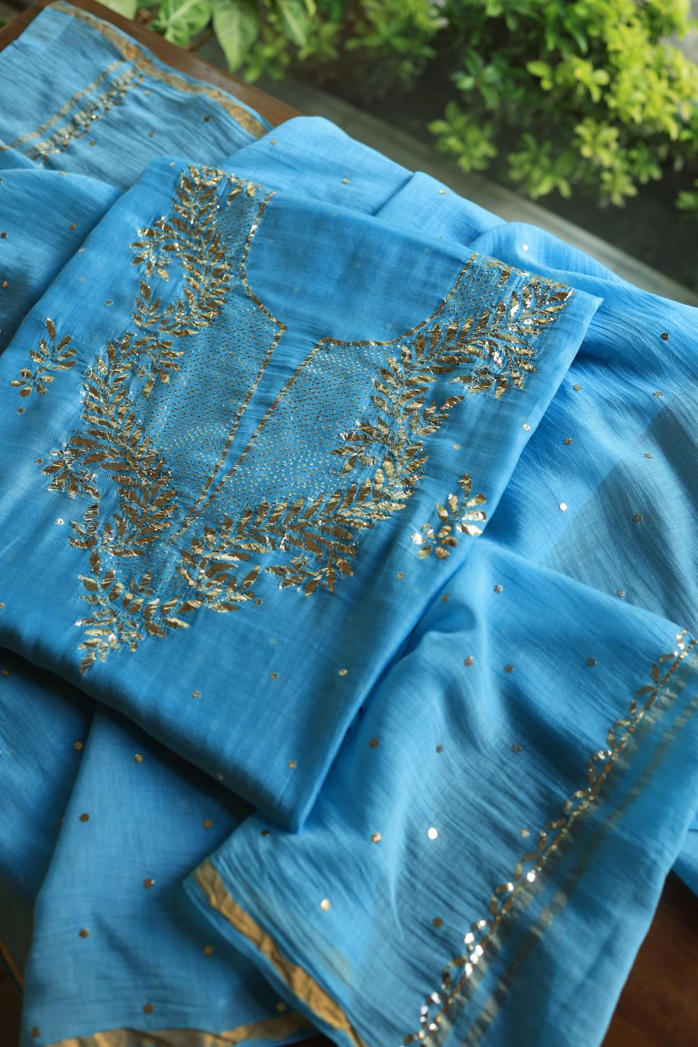 Blue Chanderi Silk Mukaish Badla Unstitched Fabrics