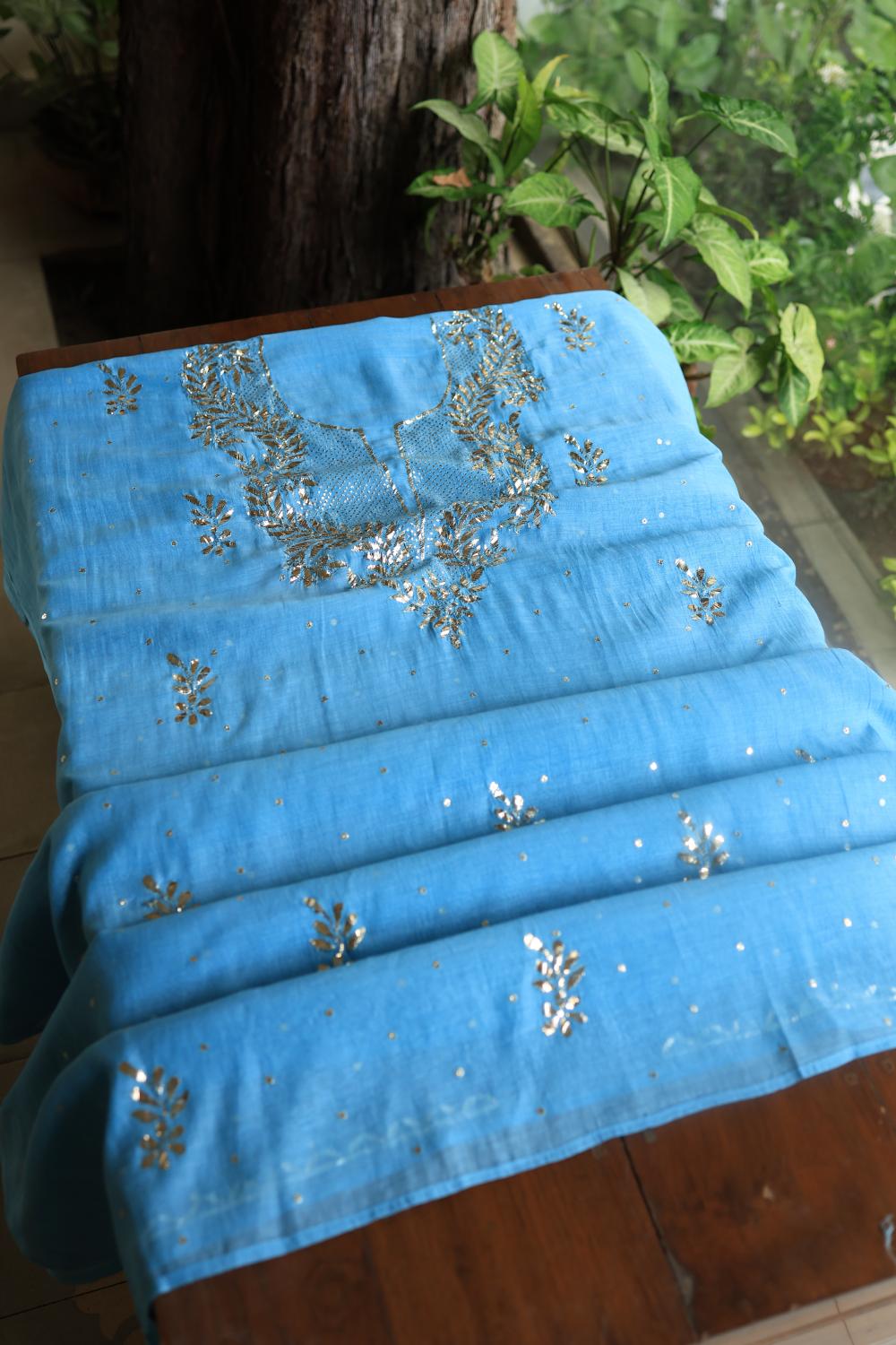 Blue Chanderi Silk Mukaish Badla Unstitched Fabrics