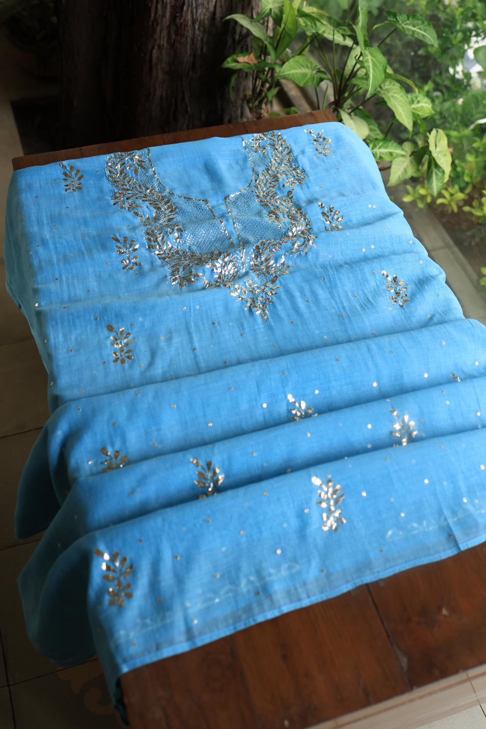 Blue Chanderi Silk Mukaish Badla Unstitched Fabrics