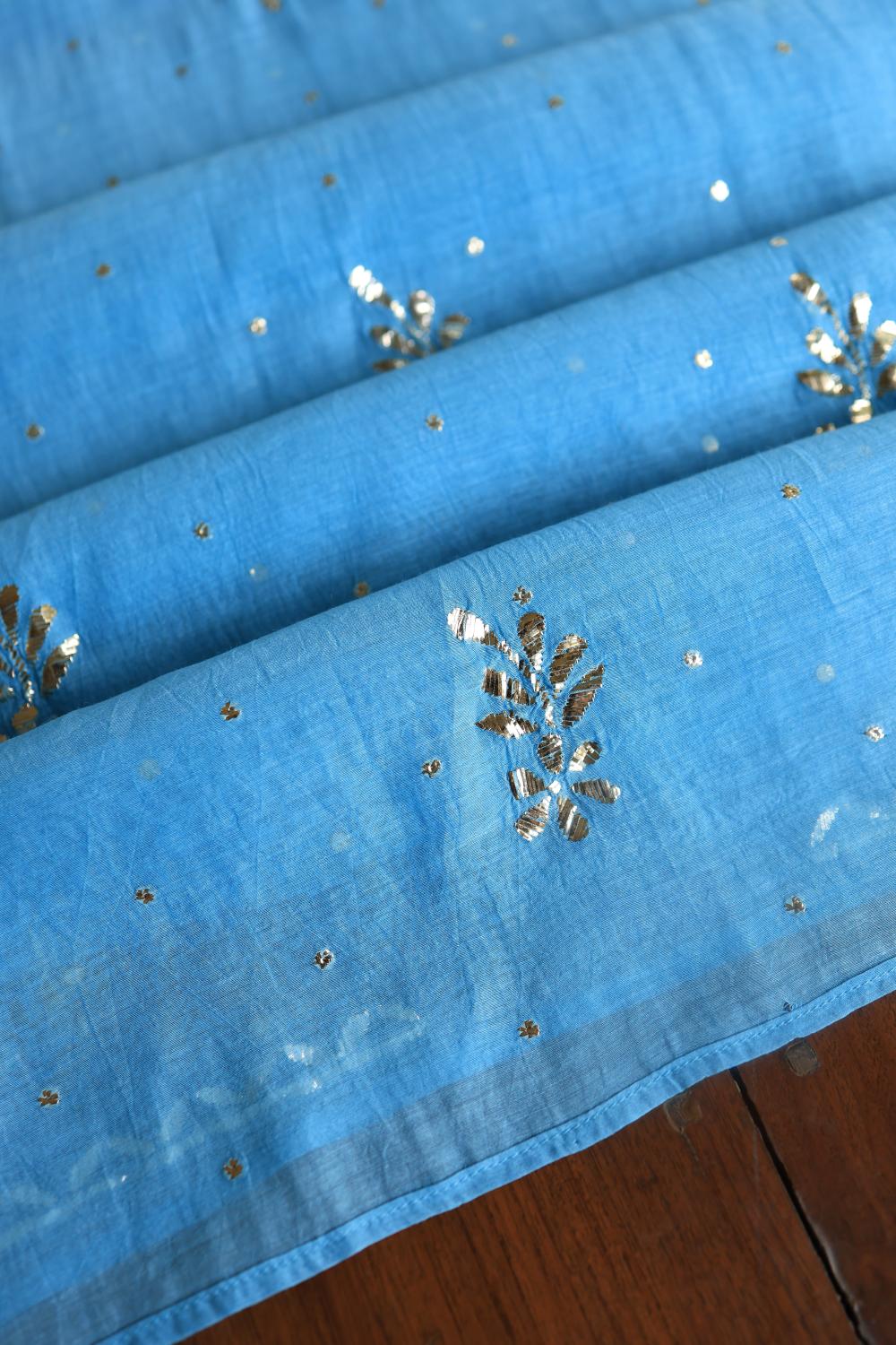 Blue Chanderi Silk Mukaish Badla Unstitched Fabrics