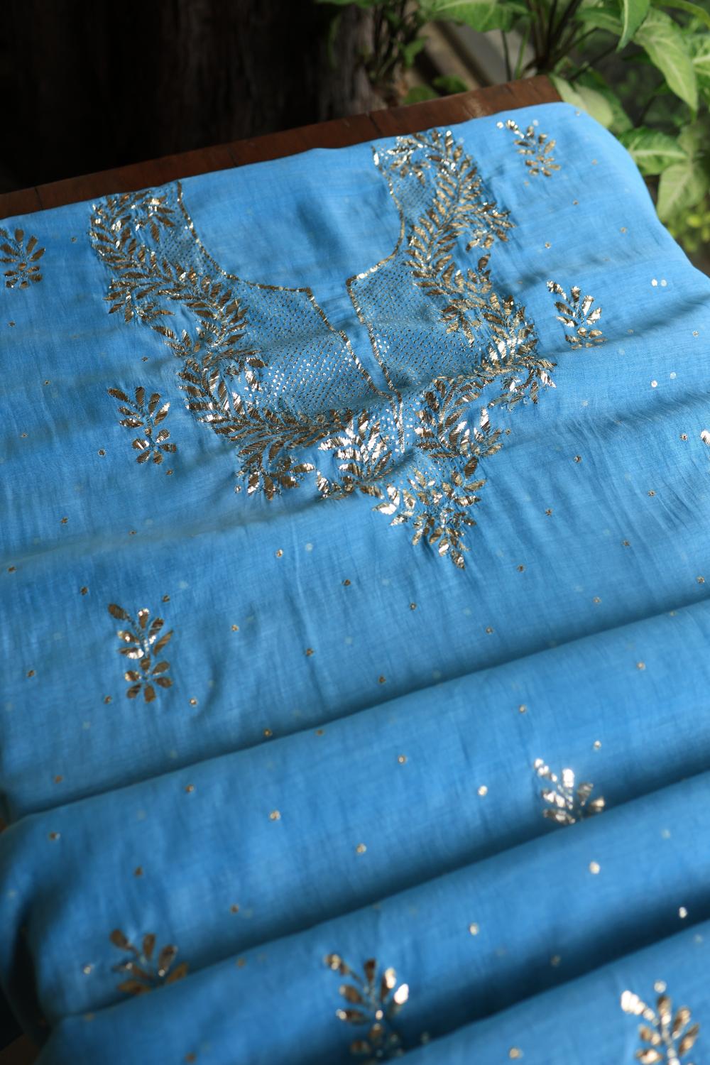 Blue Chanderi Silk Mukaish Badla Unstitched Fabrics