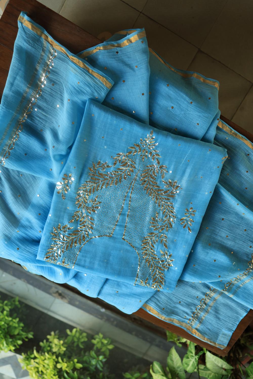 Blue Chanderi Silk Mukaish Badla Unstitched Fabrics