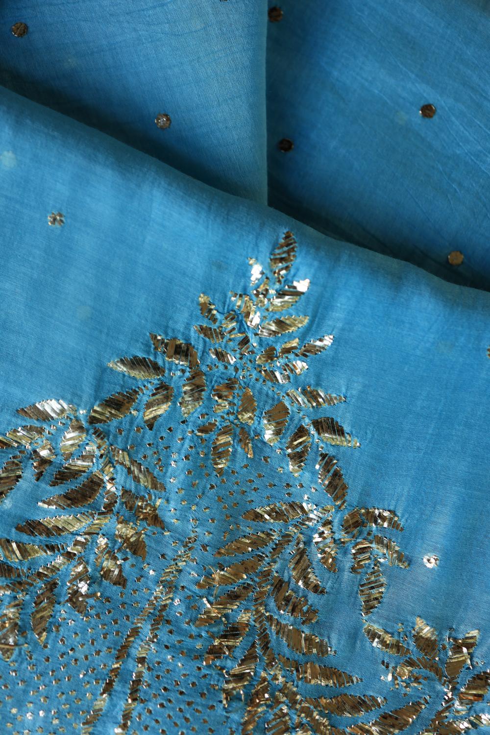 Blue Chanderi Silk Mukaish Badla Unstitched Fabrics