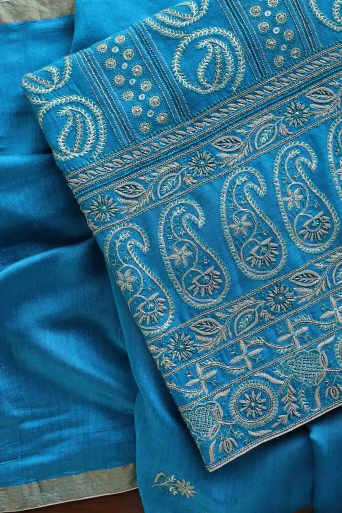 Blue Moonga Silk Chikankari Unstitched Fabric