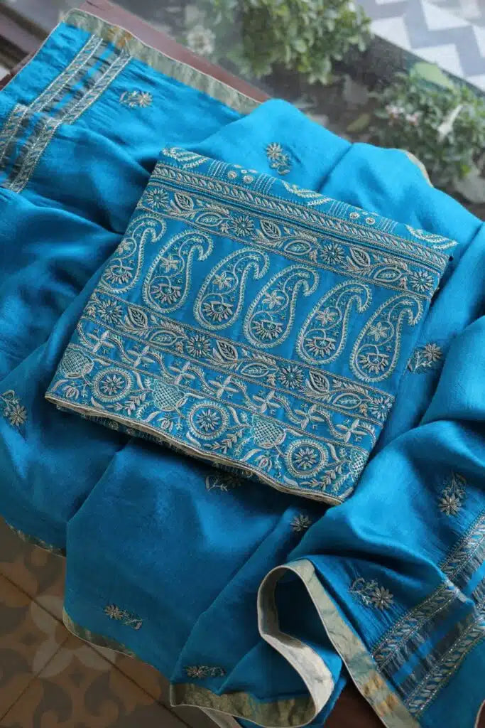 Blue Moonga Silk Chikankari Unstitched Fabric
