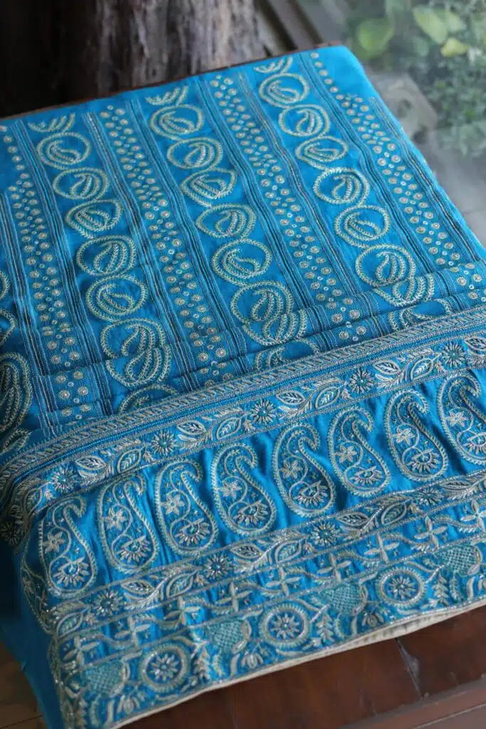 Blue Moonga Silk Chikankari Unstitched Fabric