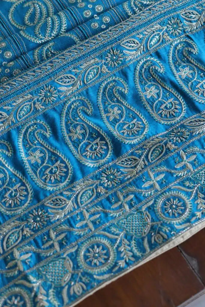 Blue Moonga Silk Chikankari Unstitched Fabric