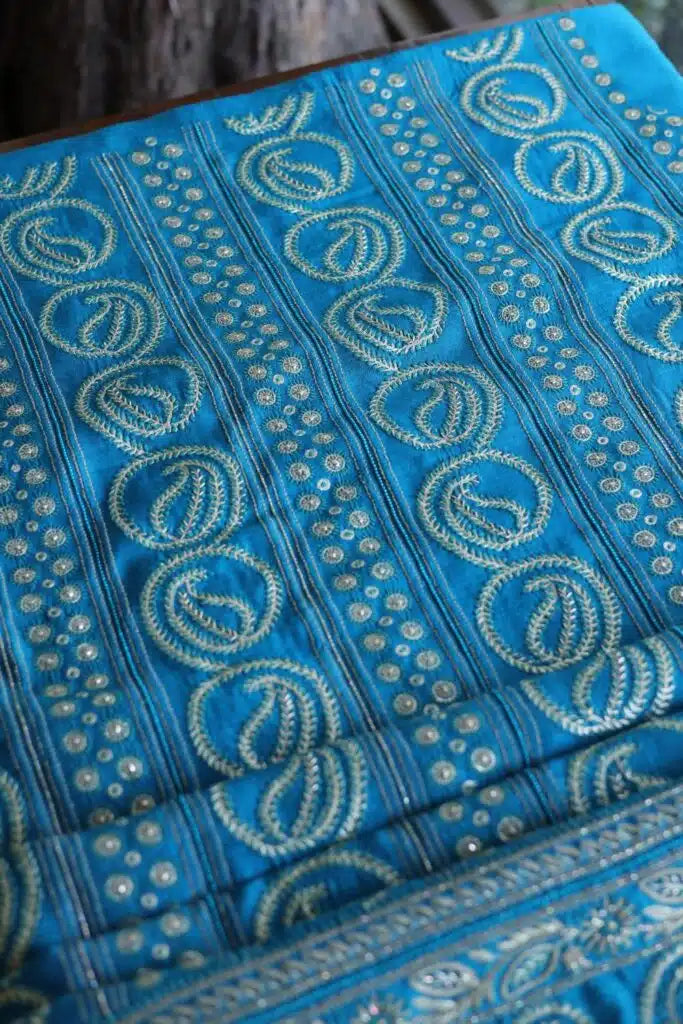 Blue Moonga Silk Chikankari Unstitched Fabric