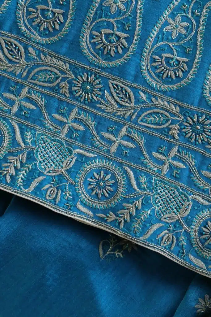 Blue Moonga Silk Chikankari Unstitched Fabric
