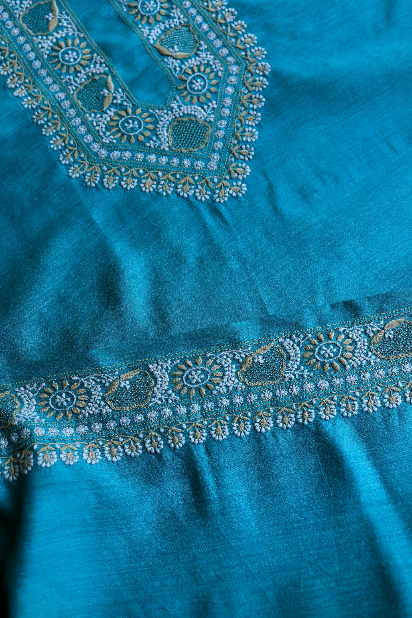 Blue Moonga Silk Chikankari Men’s Kurta Fabric