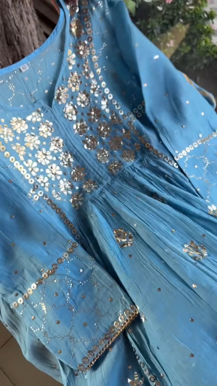 Blue Mukaish Mul Chanderi Silk Dress
