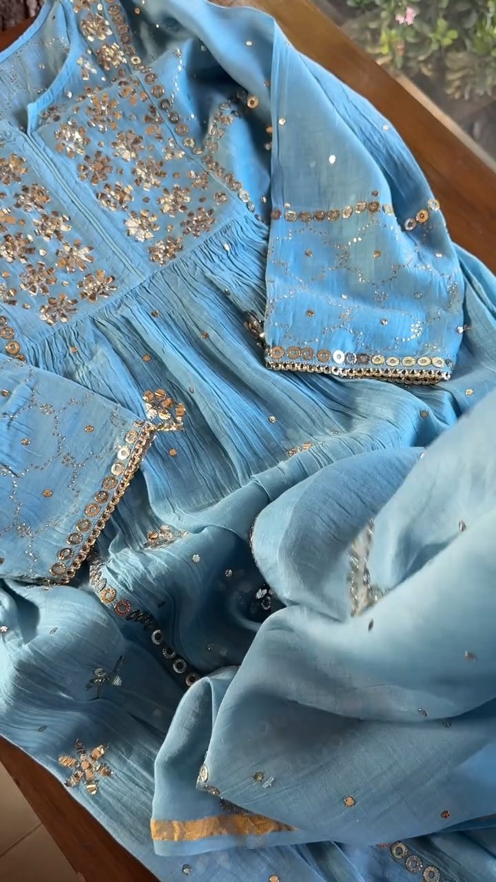 Blue Mukaish Mul Chanderi Silk Dress