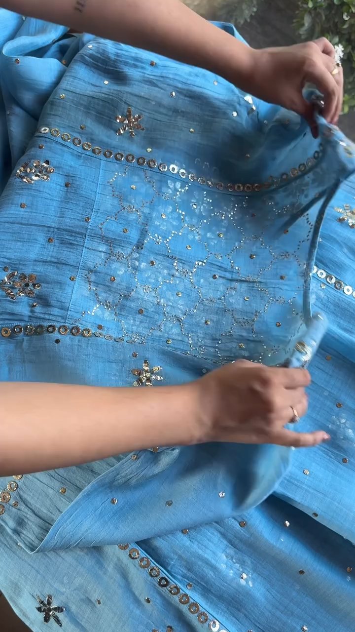 Blue Mukaish Mul Chanderi Silk Dress