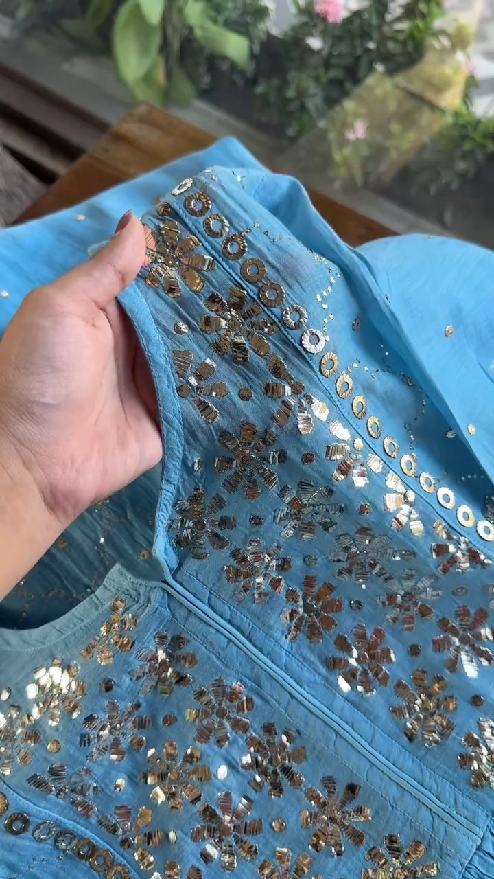 Blue Mukaish Mul Chanderi Silk Dress