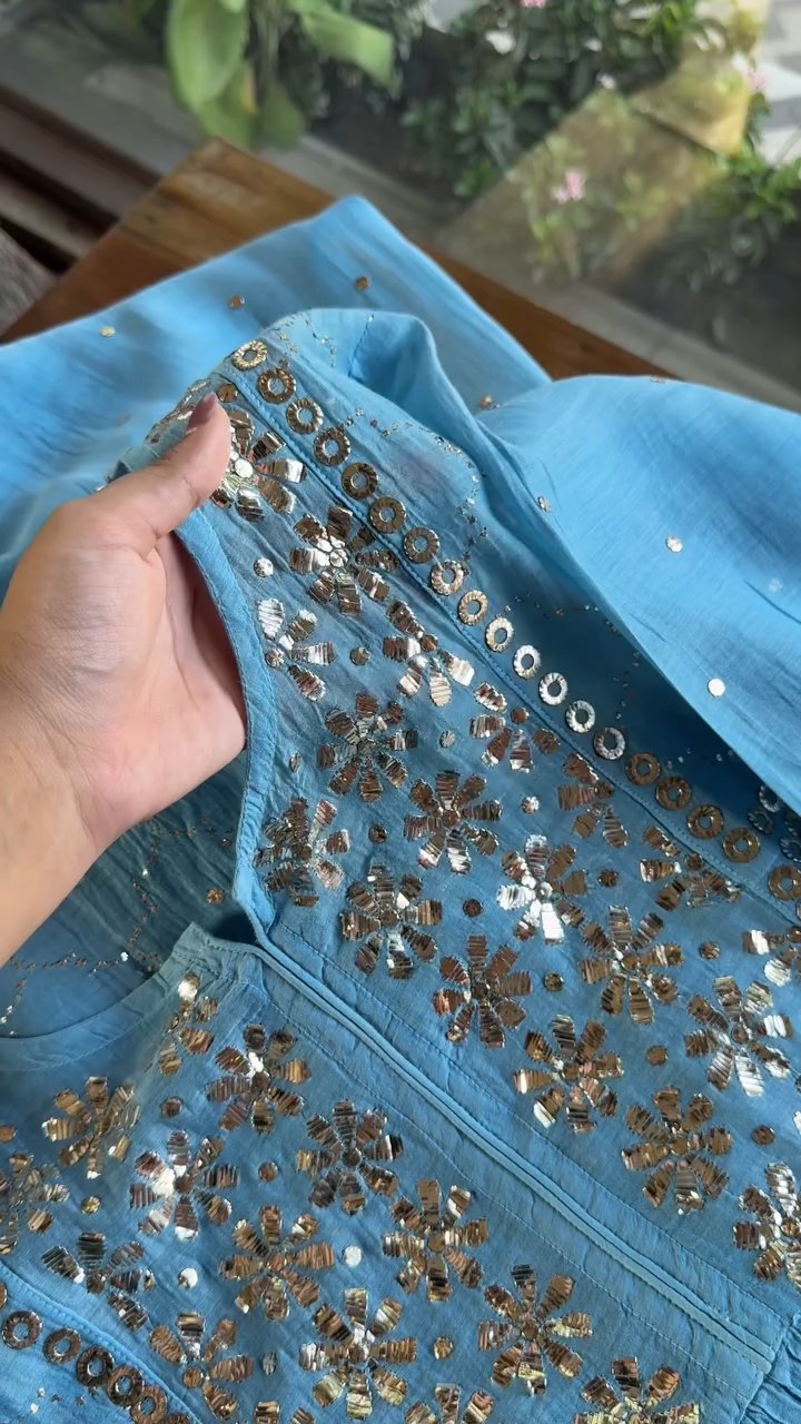 Blue Mukaish Mul Chanderi Silk Dress