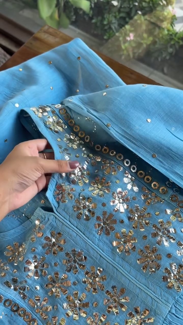 Blue Mukaish Mul Chanderi Silk Dress