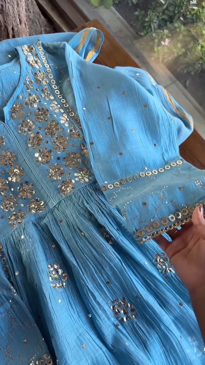 Blue Mukaish Mul Chanderi Silk Dress