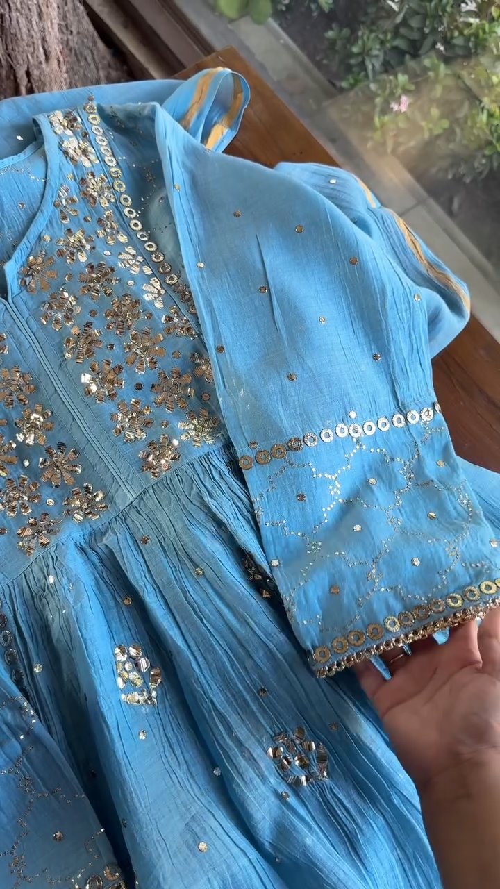 Blue Mukaish Mul Chanderi Silk Dress