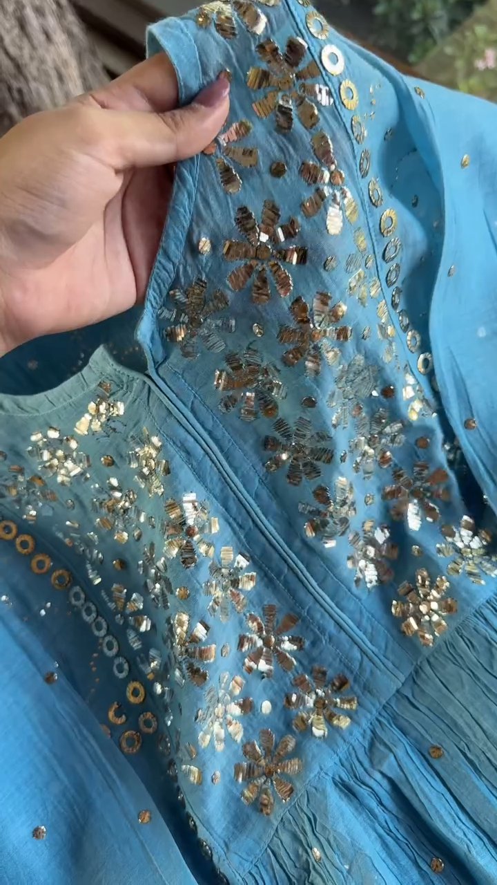 Blue Mukaish Mul Chanderi Silk Dress