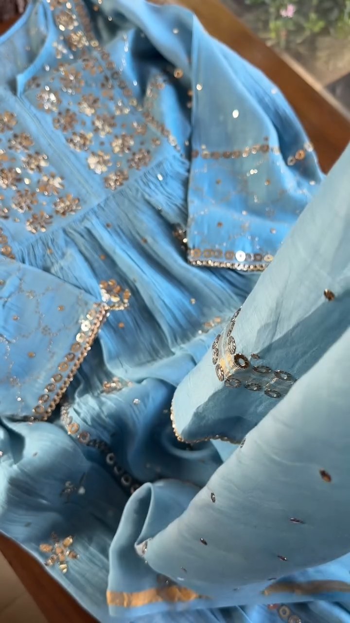 Blue Mukaish Mul Chanderi Silk Dress