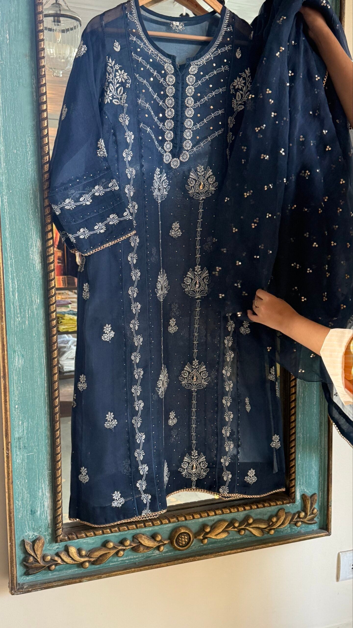 Blue Noor Organza Applique Chikankari Mukaish Kurta Dupatta Set