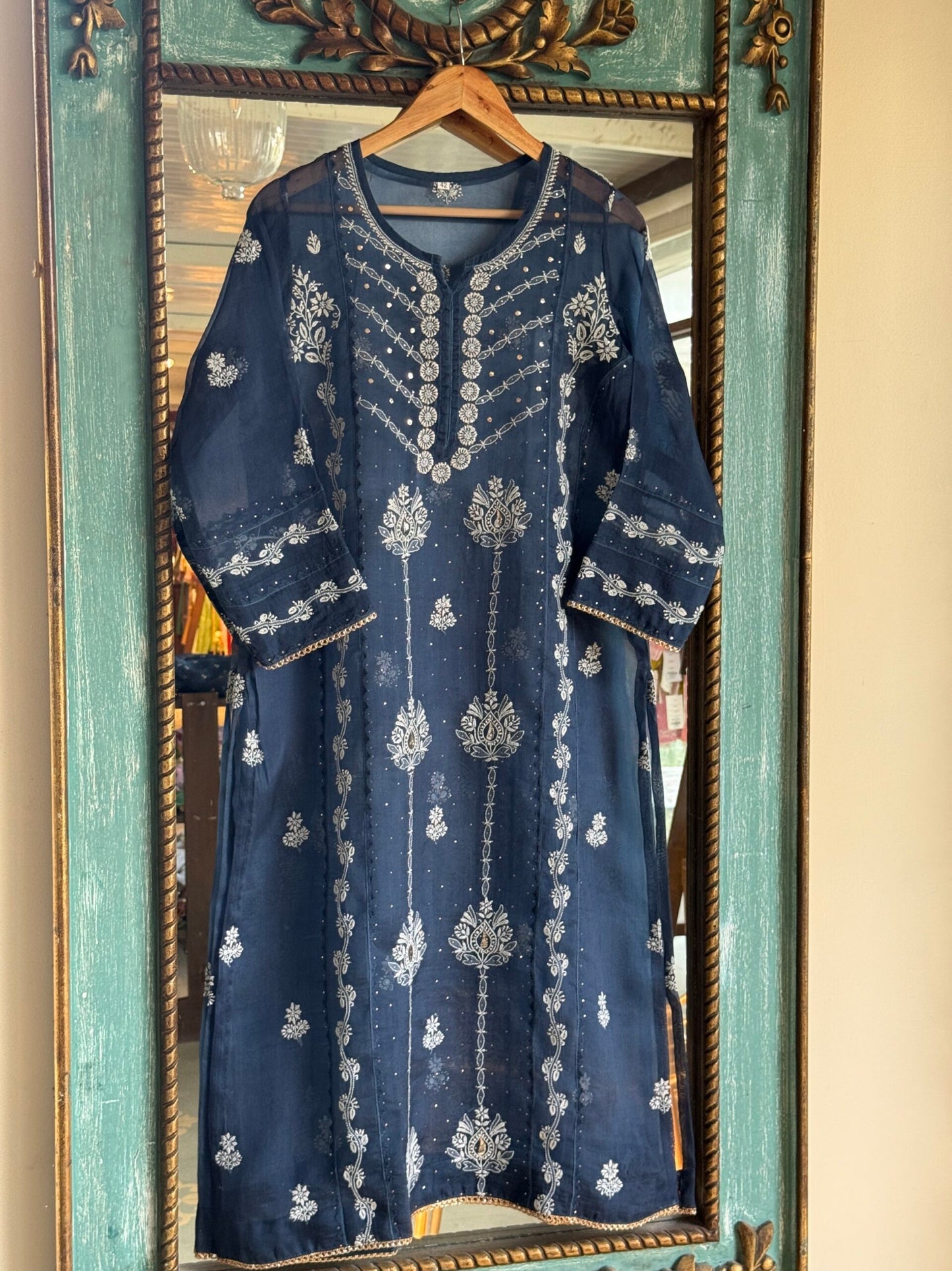 Blue Noor Organza Applique Chikankari Mukaish Kurta Dupatta Set