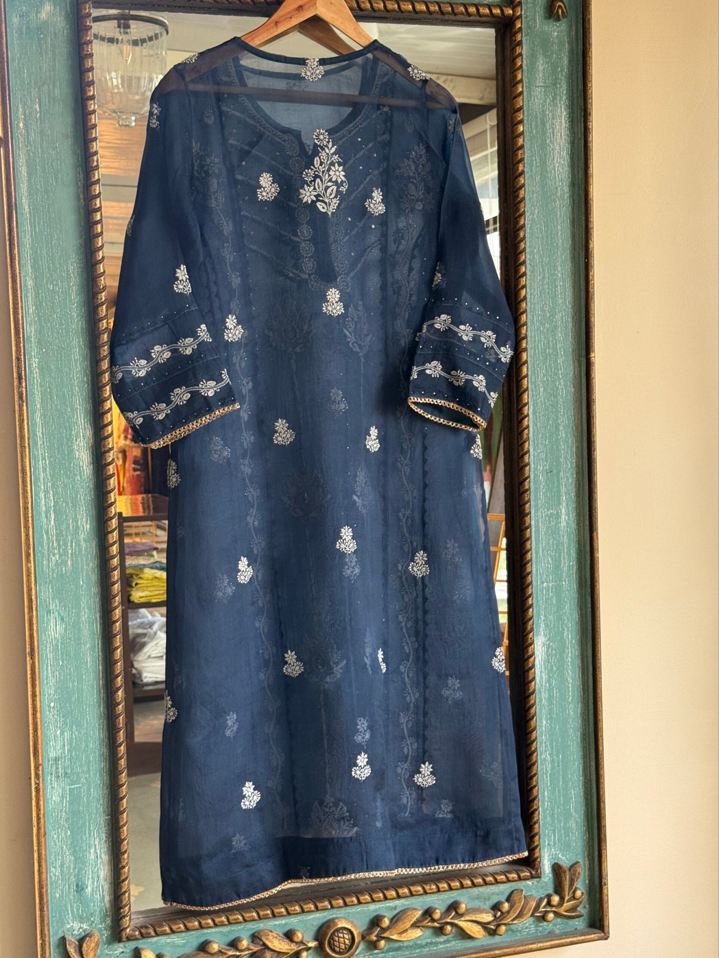 Blue Noor Organza Applique Chikankari Mukaish Kurta Dupatta Set