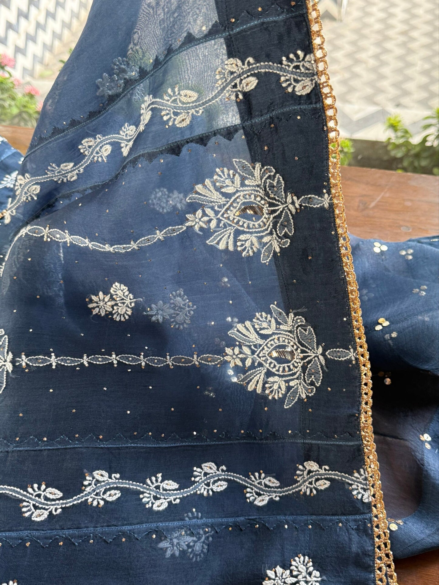 Blue Noor Organza Applique Chikankari Mukaish Kurta Dupatta Set