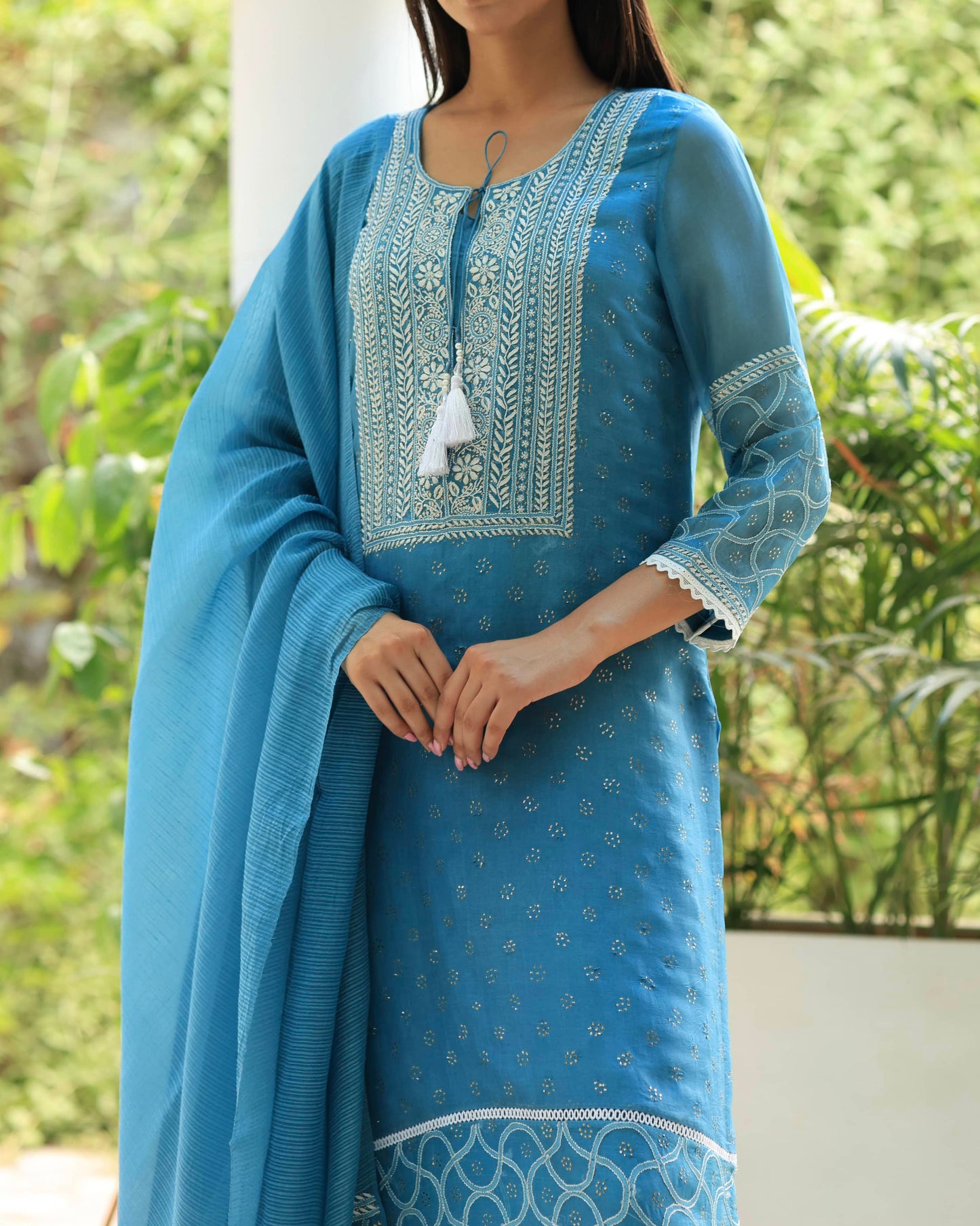 Blue Mukaish Kamdani Noor Organza Chikankari Kurta Set